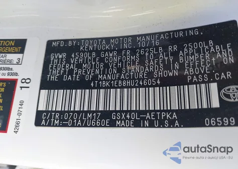 2017 Toyota Avalon Limited/Touring/Xle/Xle Plus/Xle Premium из США, поврежденный, VIN 4T1BK1EB8HU246054